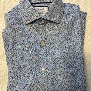 Charles Tyrwhitt Men's Small  Blue/Lavender Floral Print Long Sleeve Dress Shirt